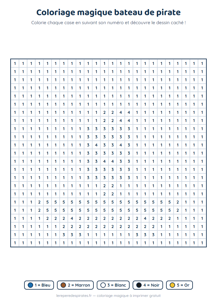 Coloriage magique bateau de pirate à imprimer : grille de cases numérotées avec sa légende