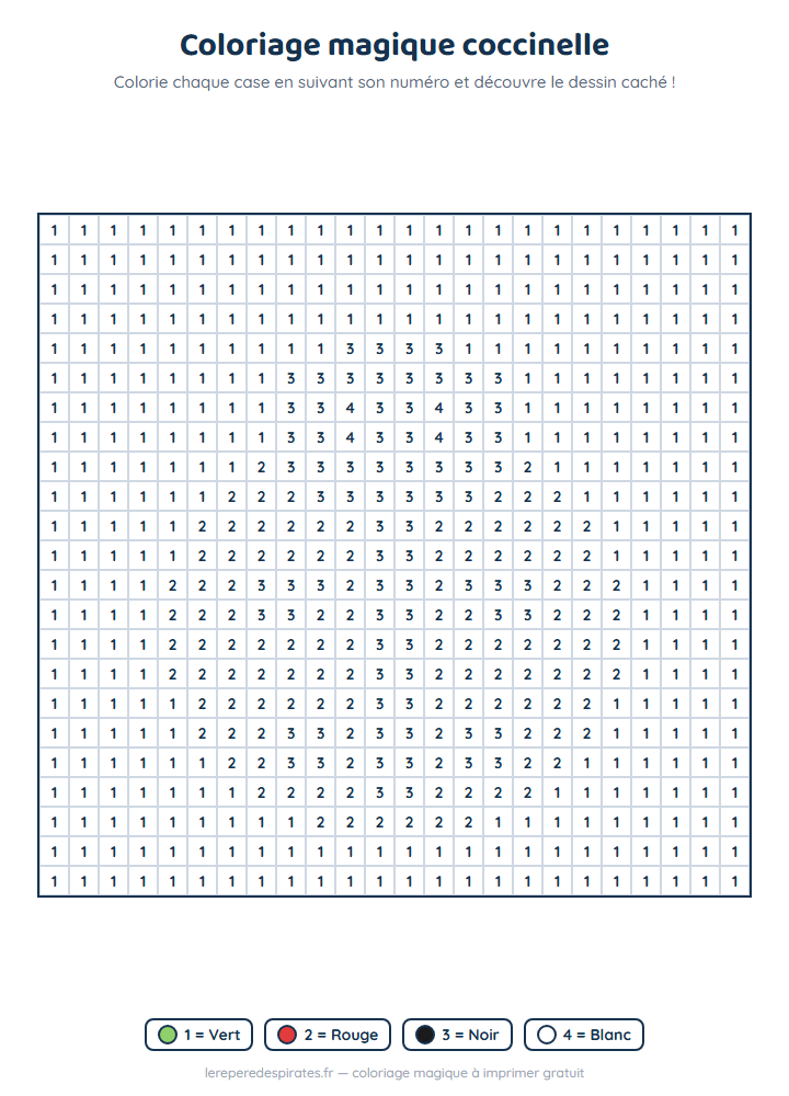 Coloriage magique coccinelle à imprimer : grille de cases numérotées avec sa légende