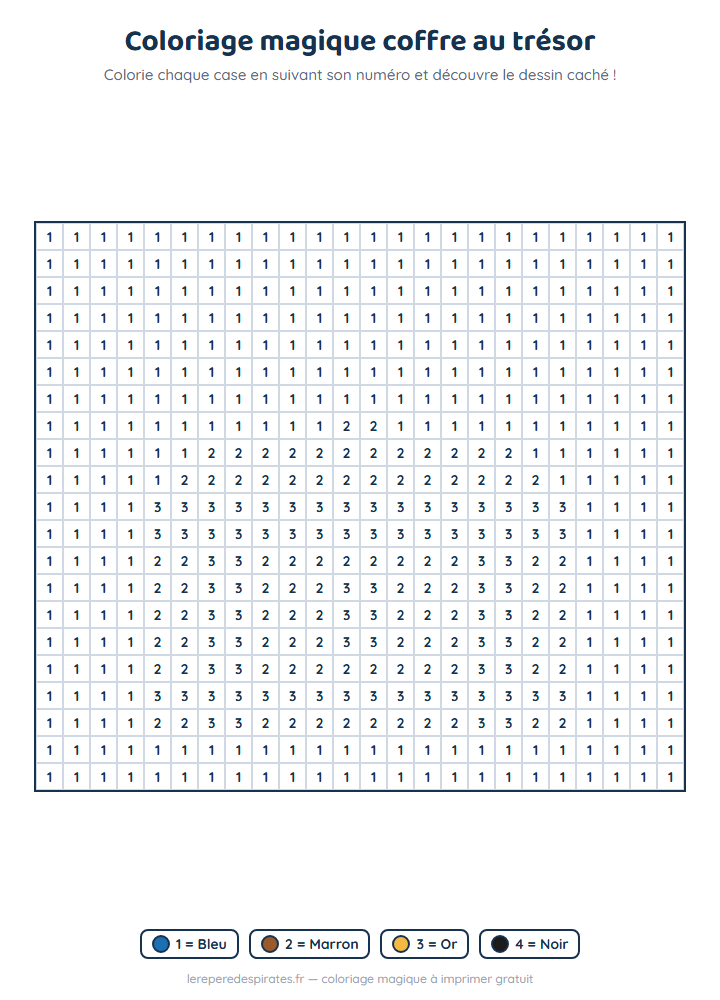 Coloriage magique coffre au trésor à imprimer : grille de cases numérotées avec sa légende