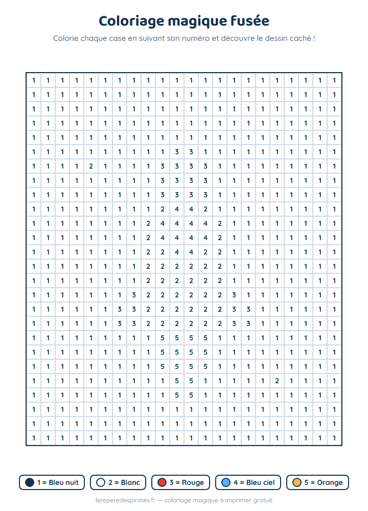 Coloriage magique fusée à imprimer : grille de cases numérotées avec sa légende