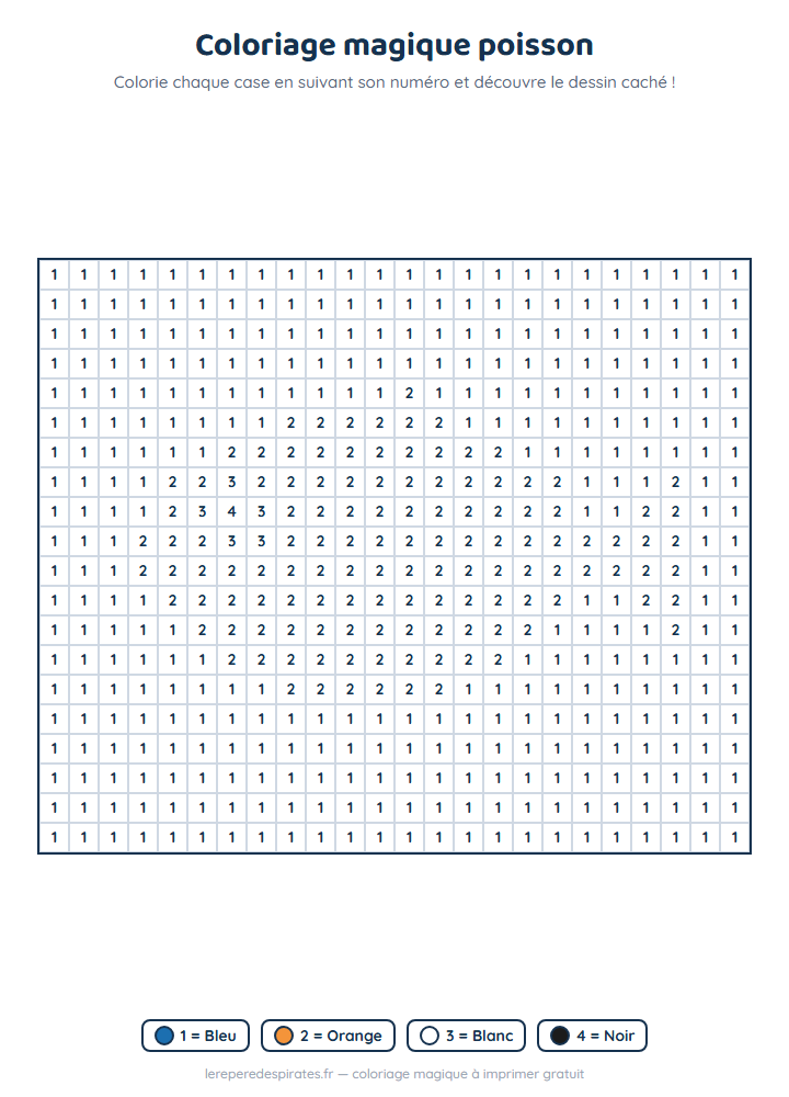 Coloriage magique poisson à imprimer : grille de cases numérotées avec sa légende